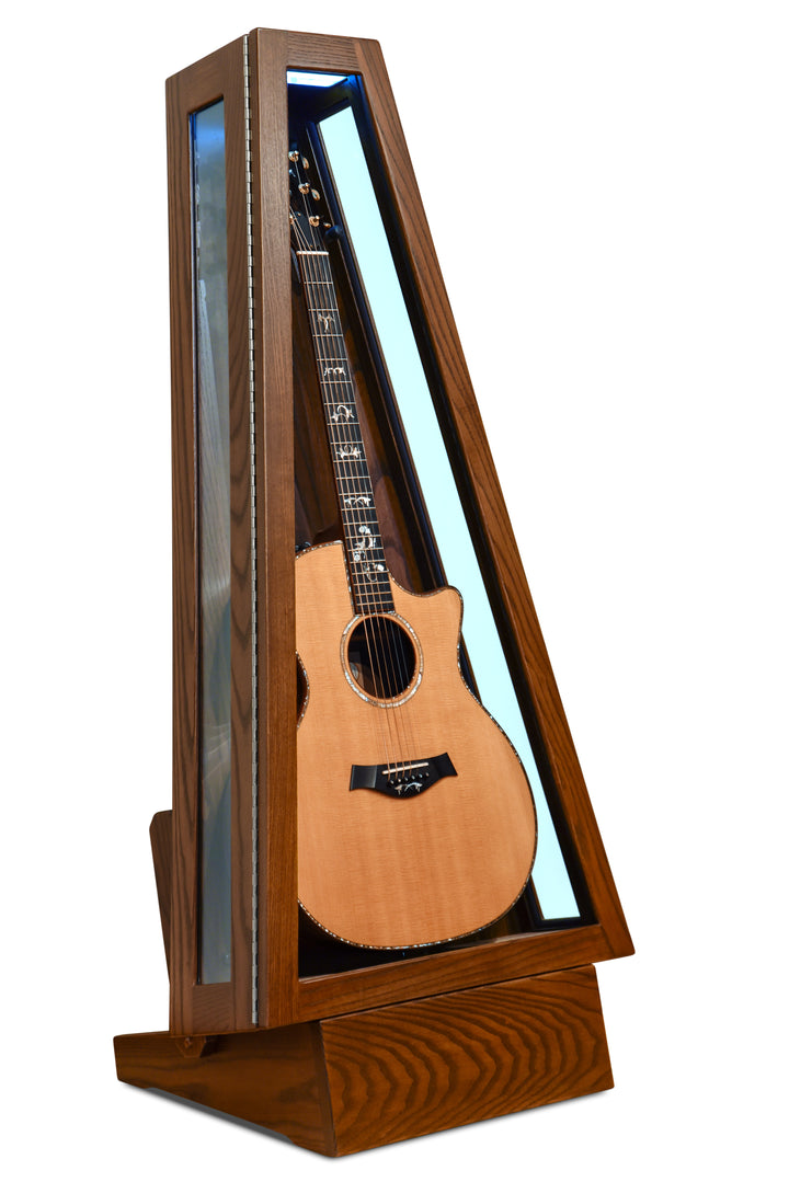 ClimaStand Glass Sided Triangle Humidor with Base - Northern White Ash with Coffee Stain