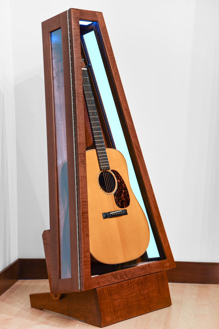 ClimaStand Glass Sided Triangle Humidor with Base - Flamed Maple with Acres Stain
