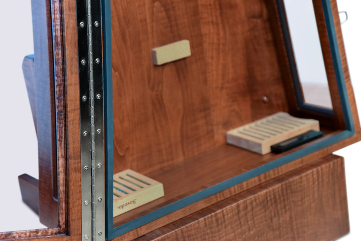 ClimaStand Glass Sided Triangle Humidor with Base - Flamed Maple with Acres Stain