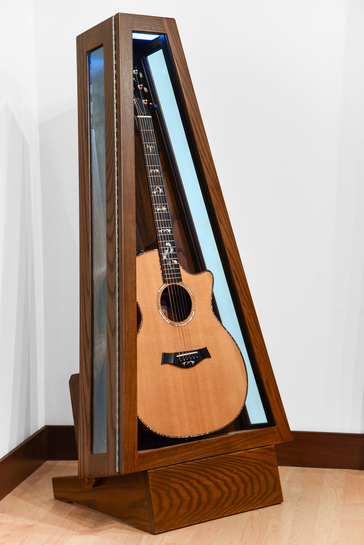 ClimaStand Glass Sided Triangle Humidor with Base - Northern White Ash with Coffee Stain