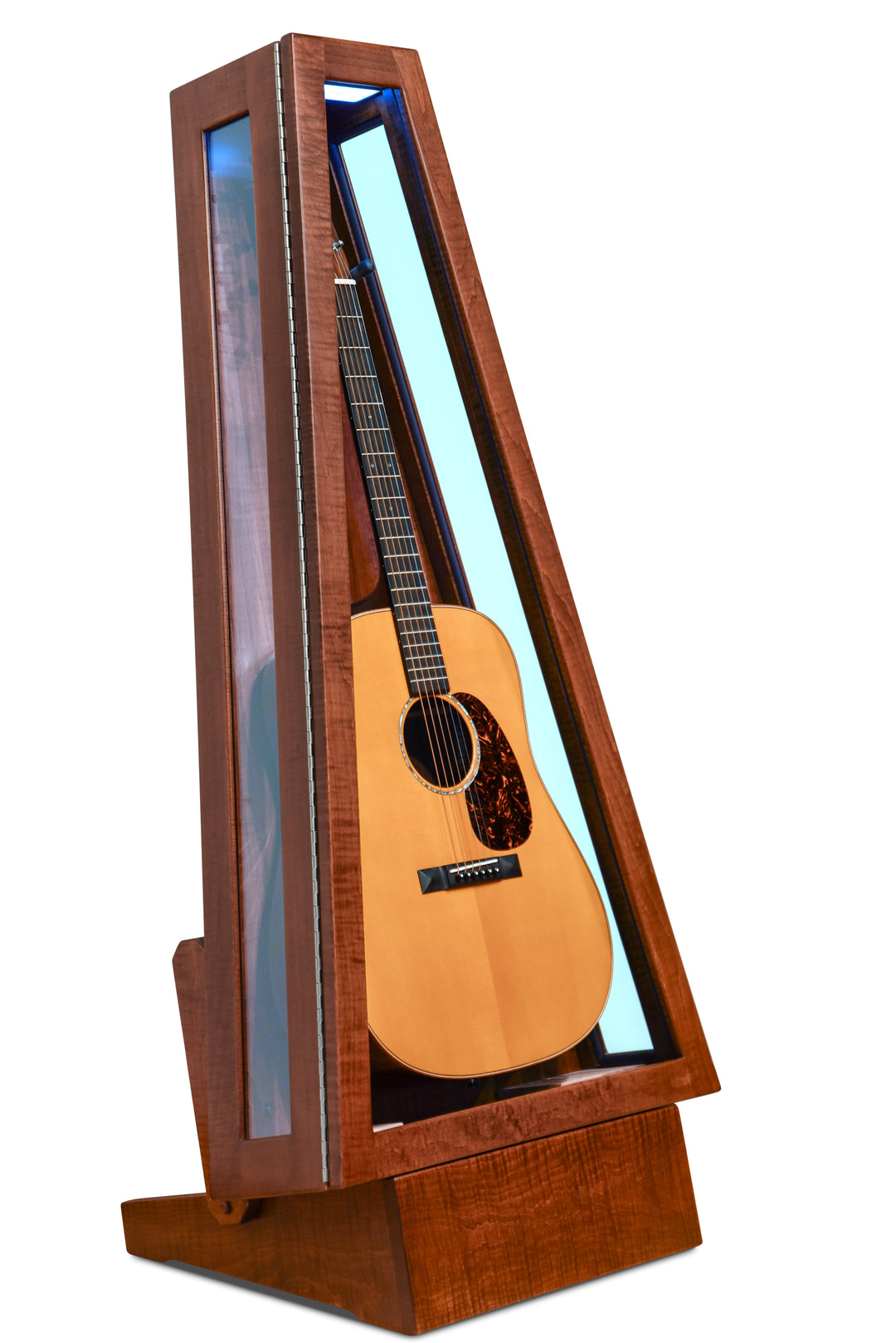 ClimaStand Glass Sided Triangle Humidor with Base - Flamed Maple with Acres Stain