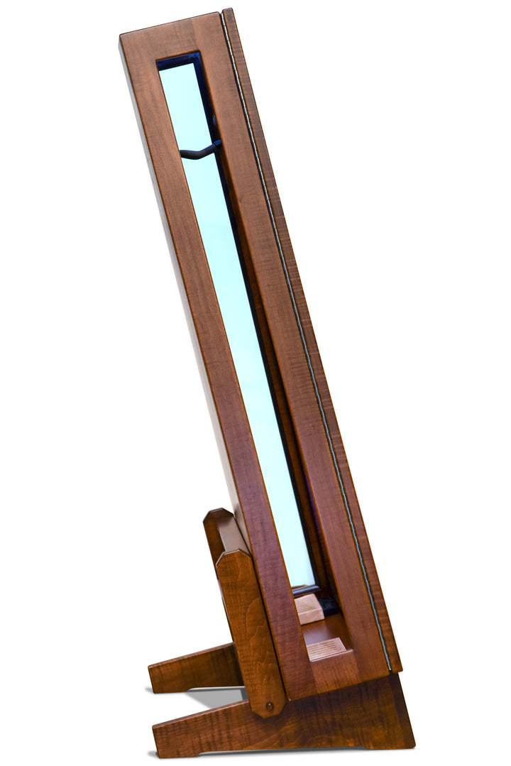 ClimaStand Glass Sided Triangle Humidor with Base - Flamed Maple with Acres Stain