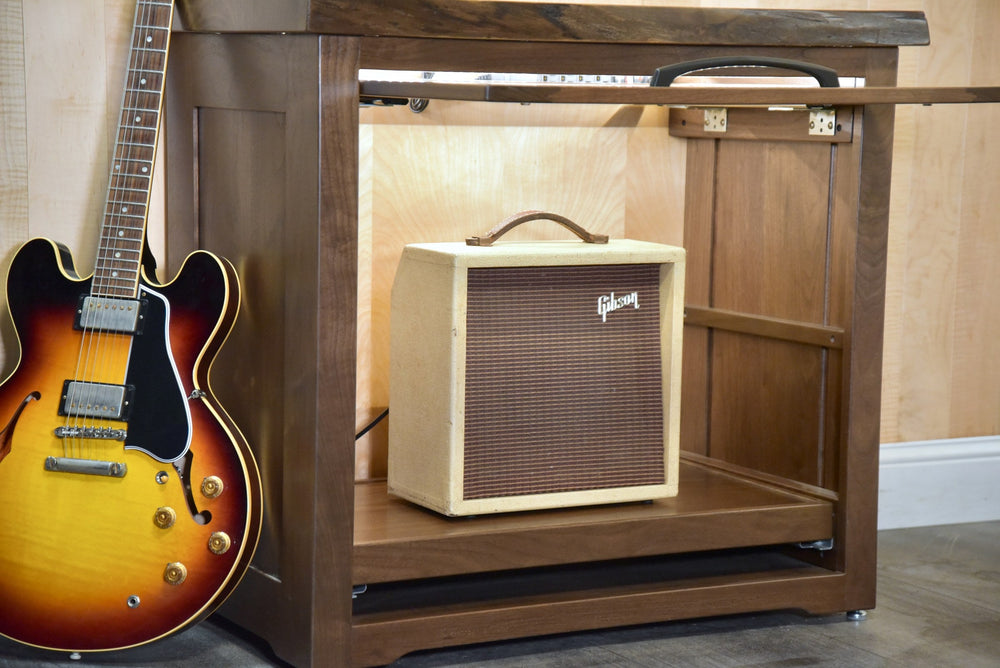 Walnut Amp Cabinet with the door open showing the amplifier inside, Gibson ES-335 alongside
