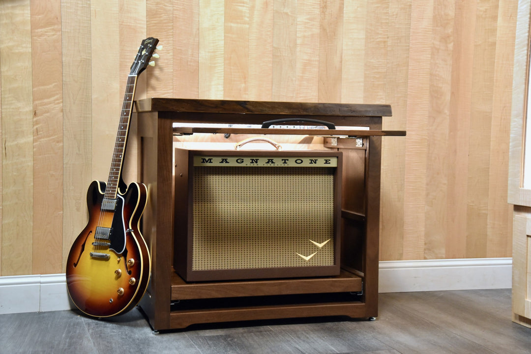Close view of the Amp Cabinet door mechanism in the open position