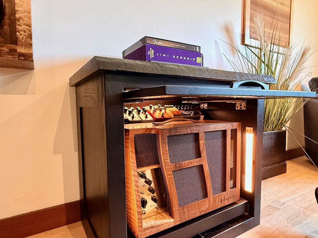 Black painted Amp Cabinet open, interior LED lighting on the koa framed amplifier