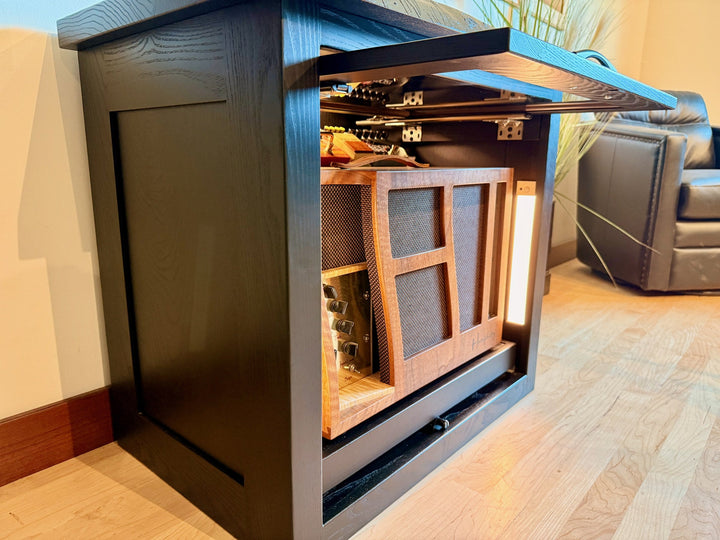 Black Amp Cabinet at an angle with the door open and interior lit
