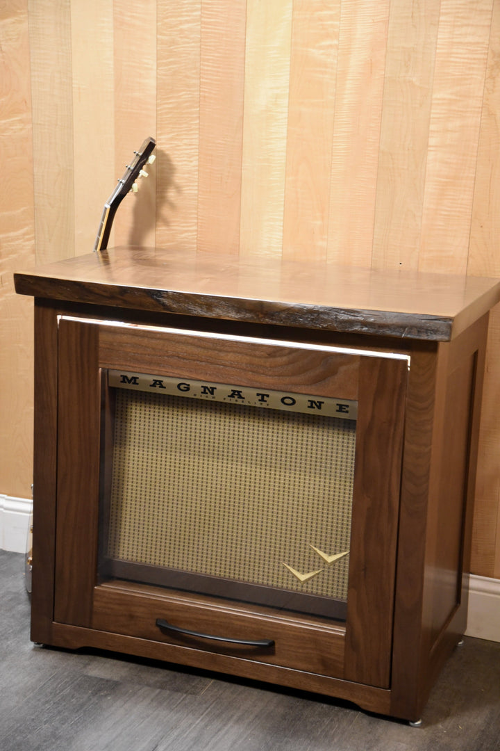 Walnut Amp Cabinet with a Magnatone amplifier visible behind the glass door