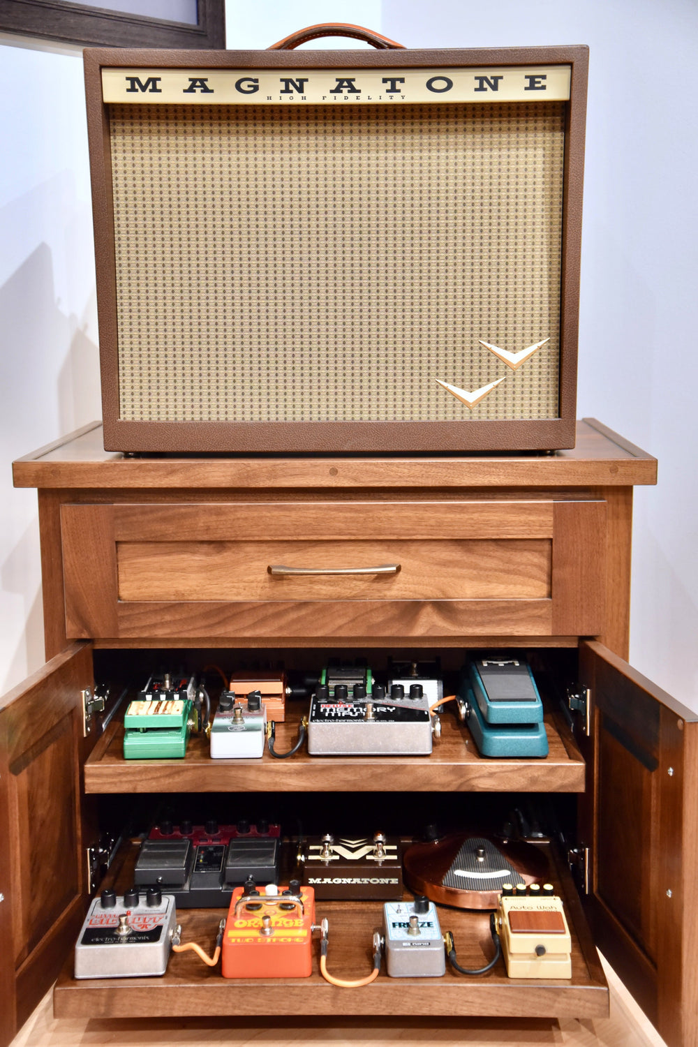 Amp Stand with the doors open and both pedal shelves rolled out, loaded with effects pedals