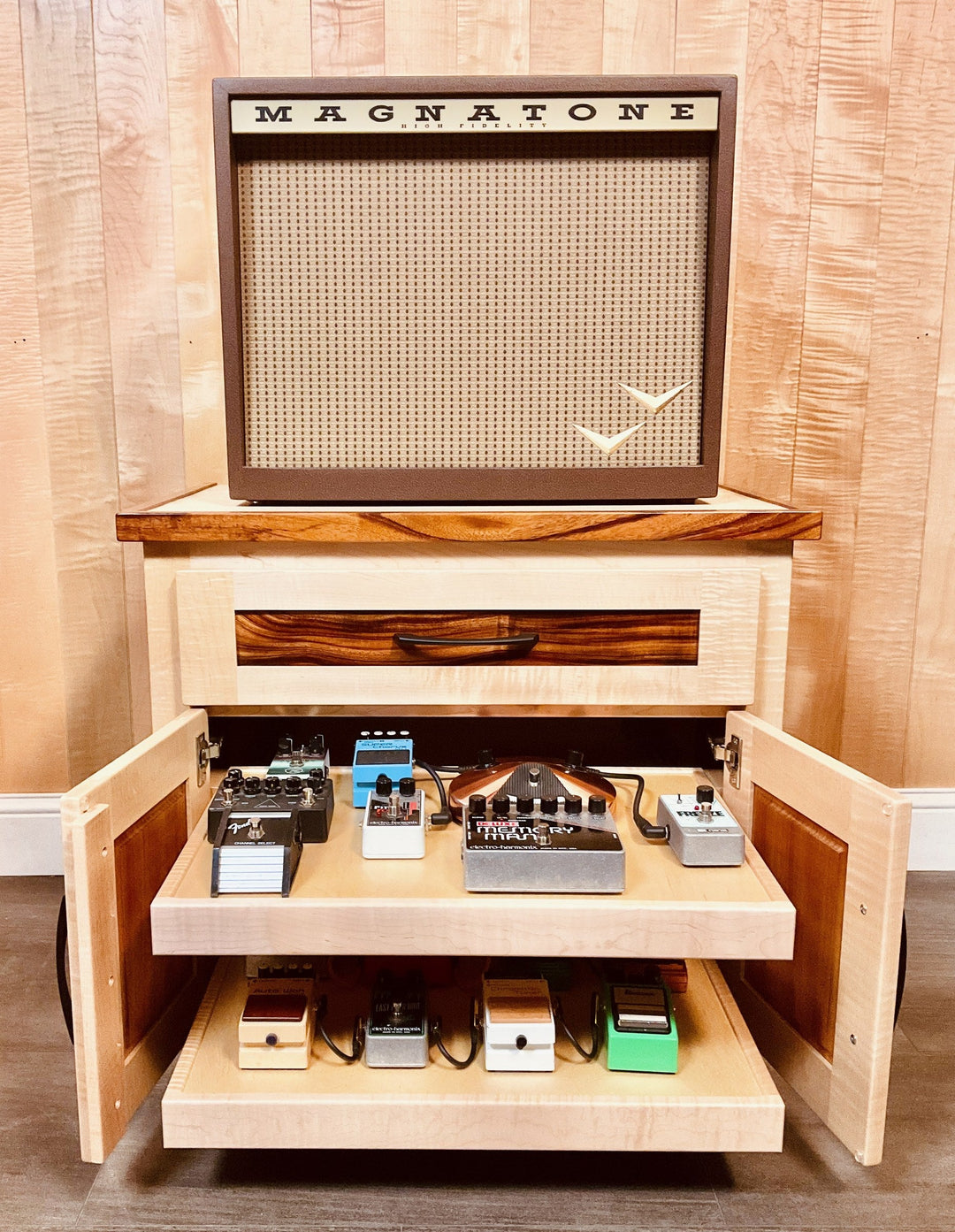 Maple Amp Stand with zebrawood top, doors open, pedal shelves extended