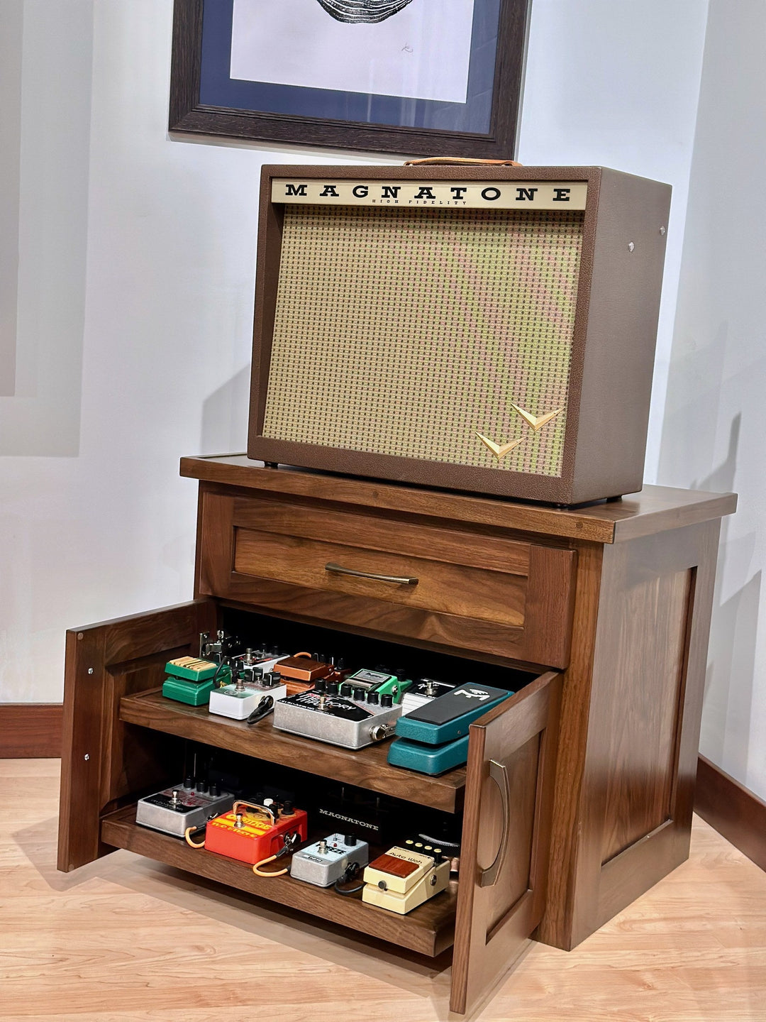 Walnut Amp Stand with a pedal shelf pulled out