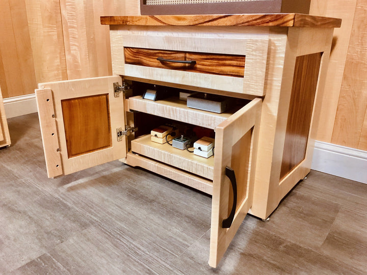 Amp Stand at an angle with both doors open and shelves visible