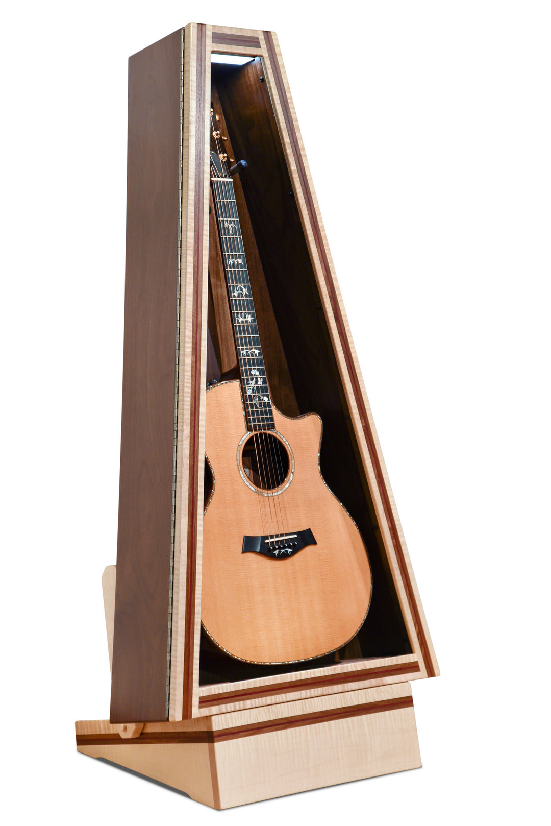 ClimaStand Triangle Humidor with Base in Flamed Maple with Walnut and Purpleheart