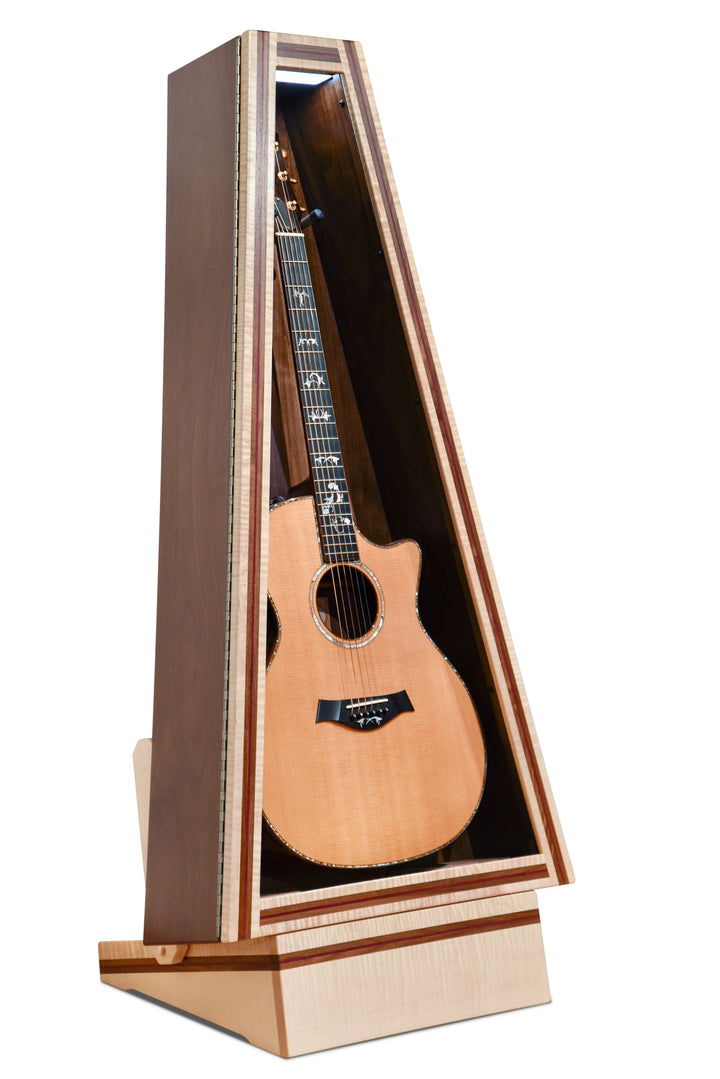 ClimaStand Triangle Humidor with Base in Flamed Maple with Walnut and Purpleheart