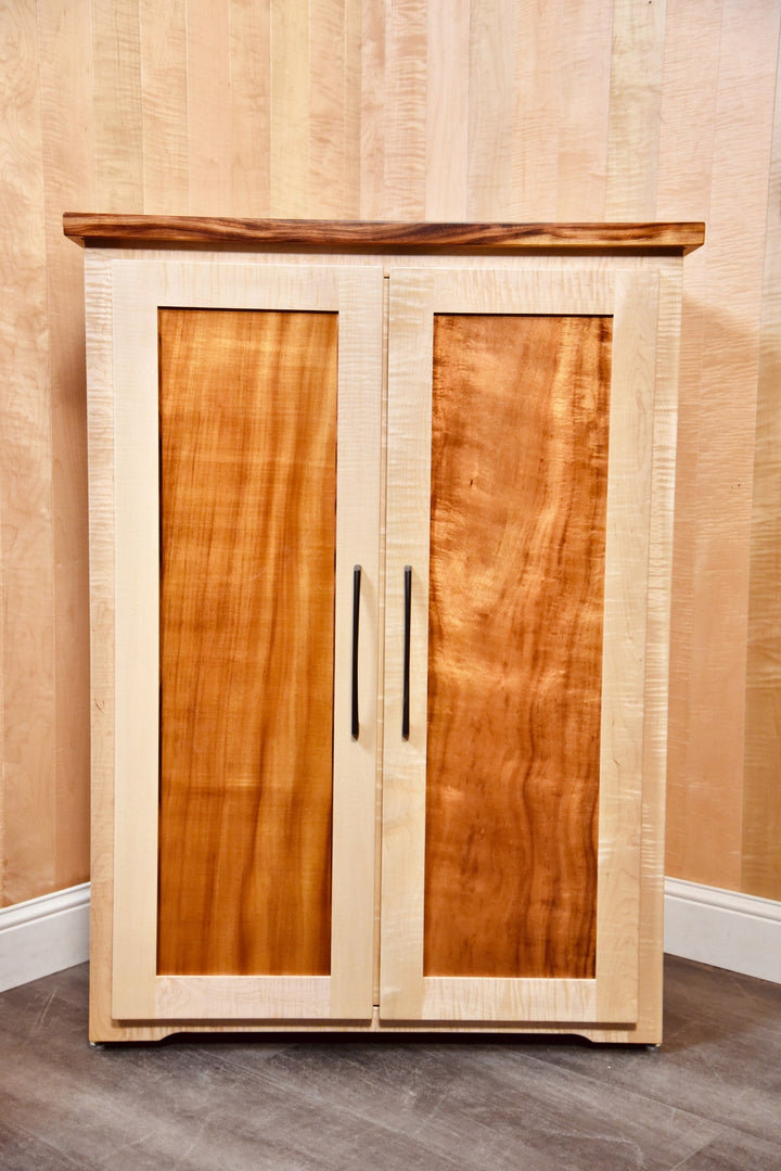 Effects Rack Cabinet closed, flamed maple with koa panels and a live edge top