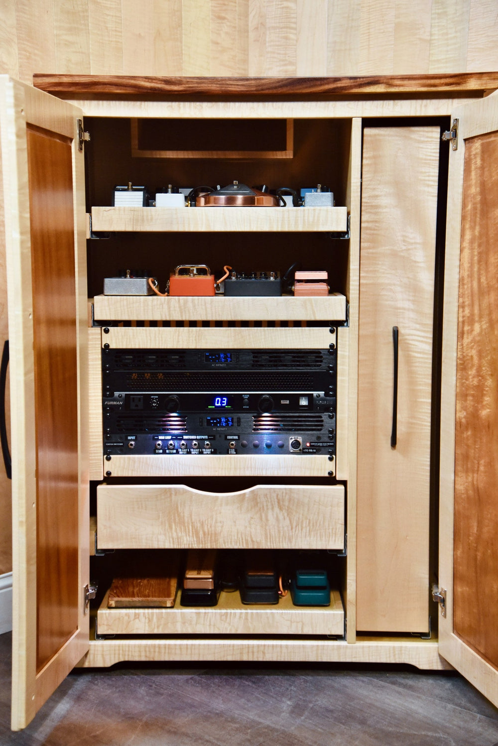 Effects Rack Cabinet with both doors open showing the full interior, rack unit and pedal shelves
