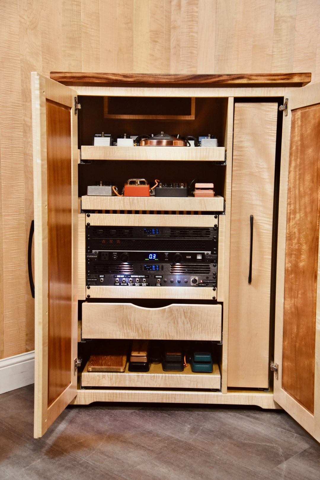 Effects Rack Cabinet open at an angle showing the pull-out shelves