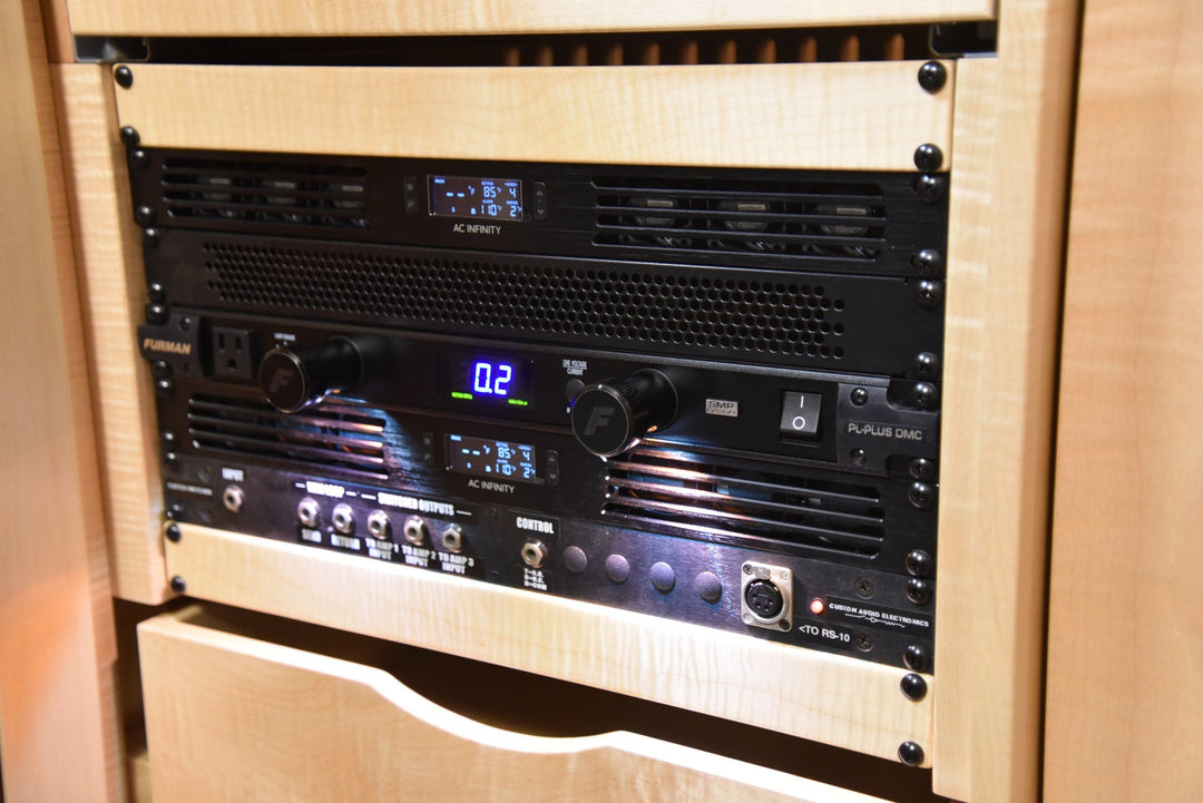 Powder coated 19 inch rack unit mounted in the centre of the cabinet, lit