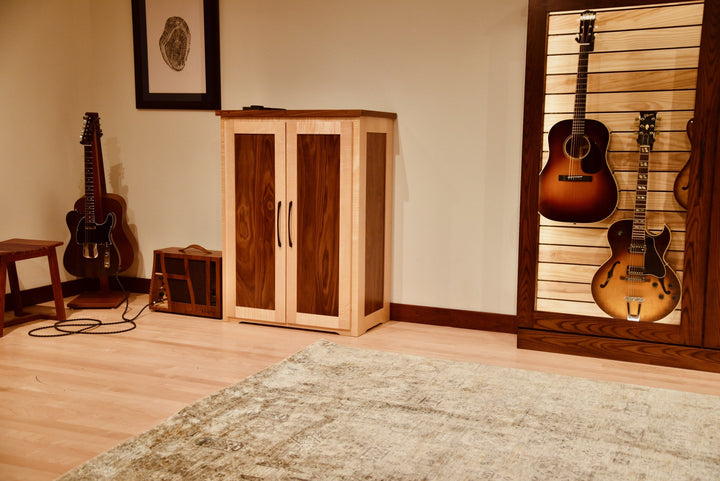 Effects Rack Cabinet in a room with guitars displayed on the wall