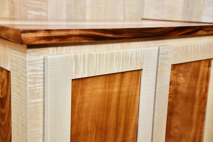 Detail of the live edge top and Mission panel on the Effects Rack Cabinet