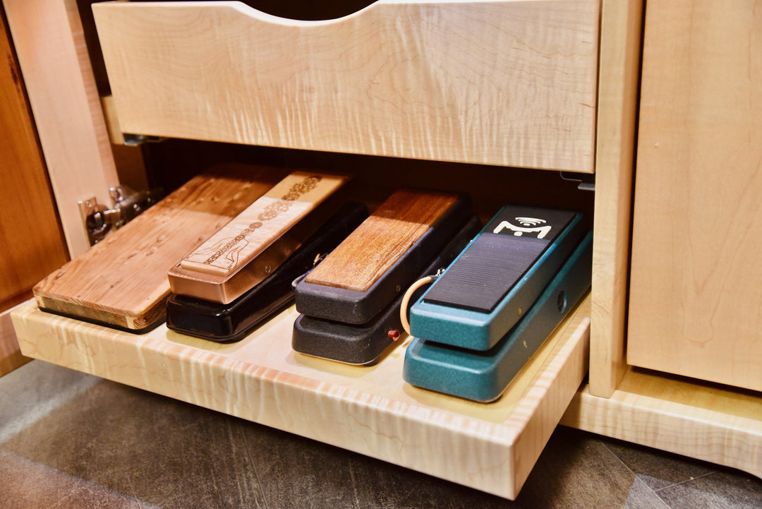Shelf pulled out from the Effects Rack Cabinet on soft-close slides