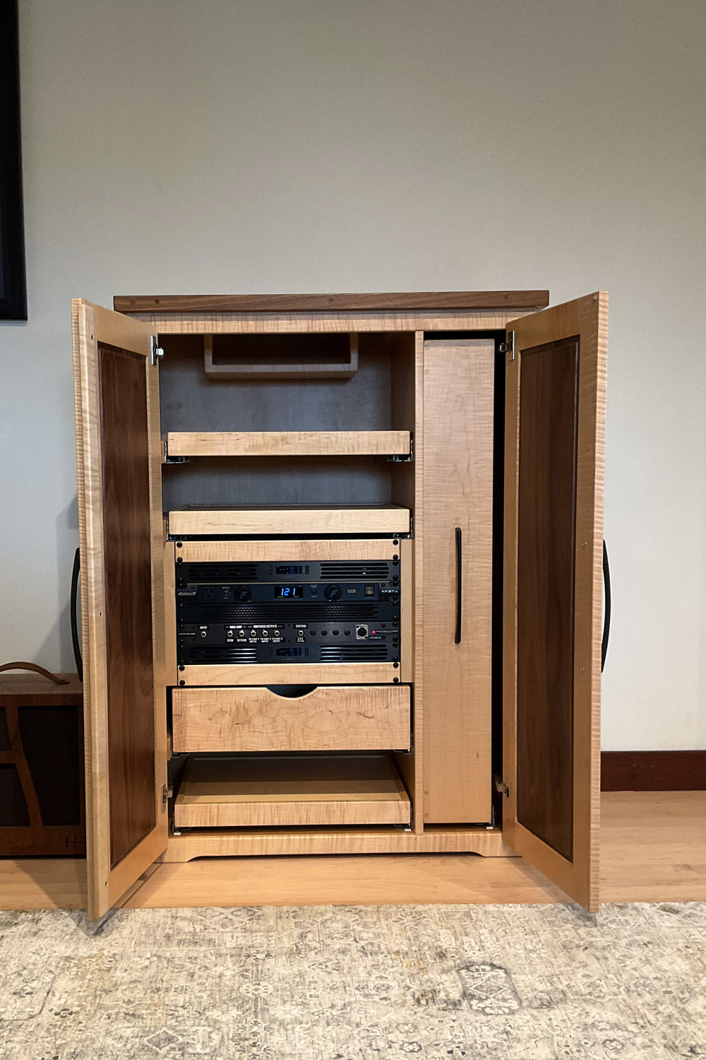 Effects Rack Cabinet with both doors open, 19 inch rack lit and pedal shelves inside