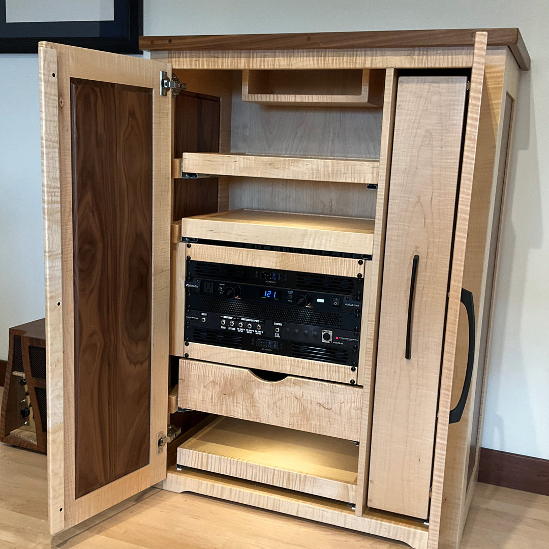 Flamed maple and walnut Effects Rack Cabinet open at an angle showing the rack, drawer and shelves