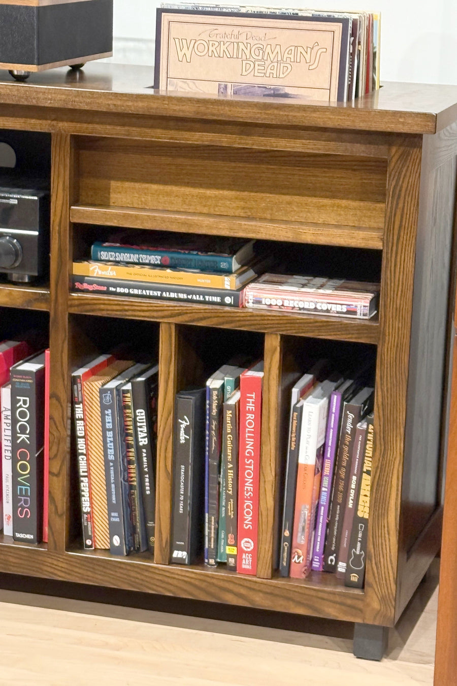 Record Console in northern white ash with coffee stain, holding records and books